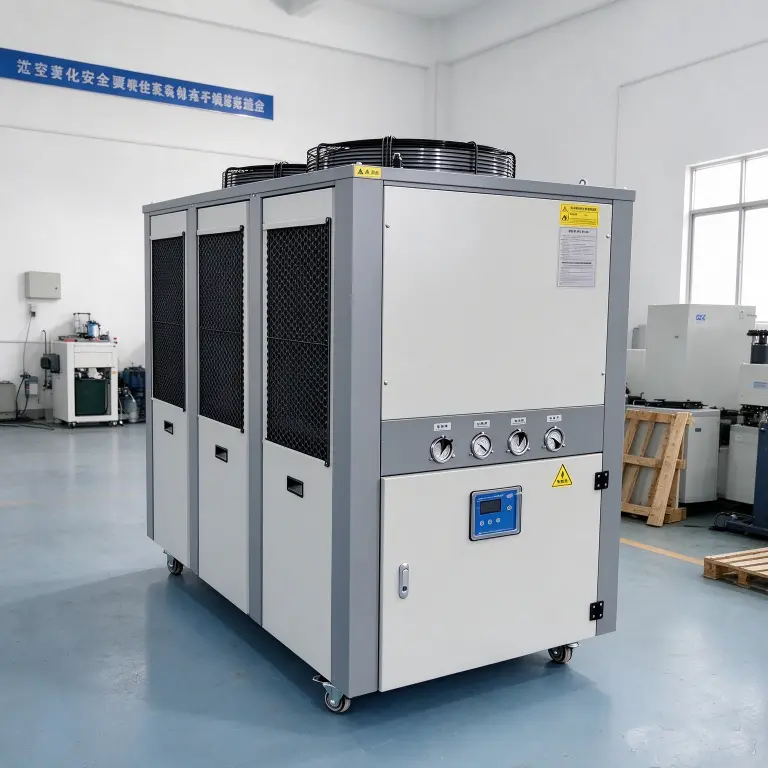 DARKE 20HP 55KW air cooled water chiller factory photo, digital controller and pressure gauges