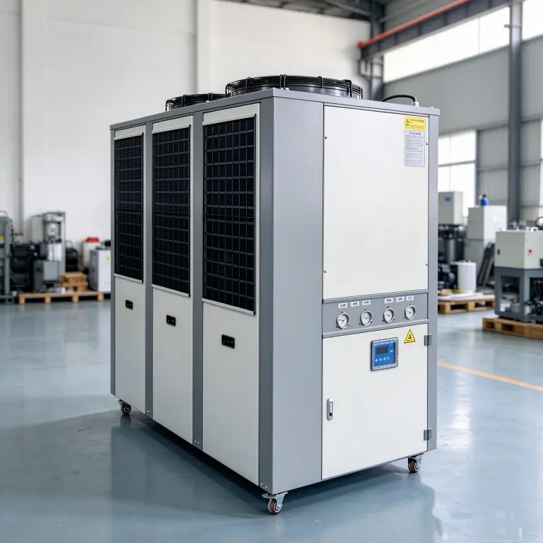 DARKE 25HP 65KW air cooled water chiller factory photo, digital controller and pressure gauges