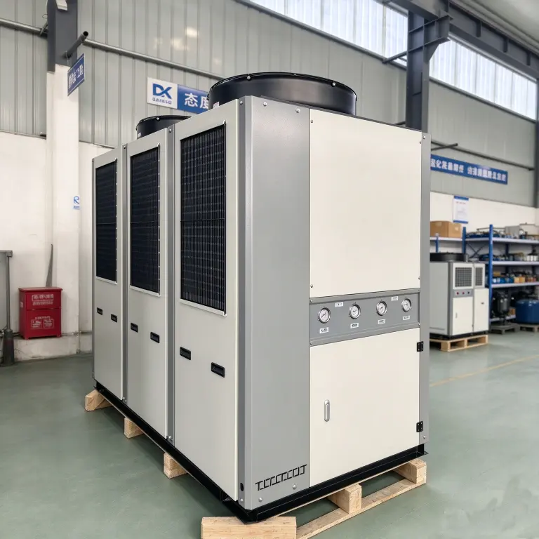 DARKE 30HP 83KW air cooled water chiller factory photo, pressure gauges and condenser mesh panels