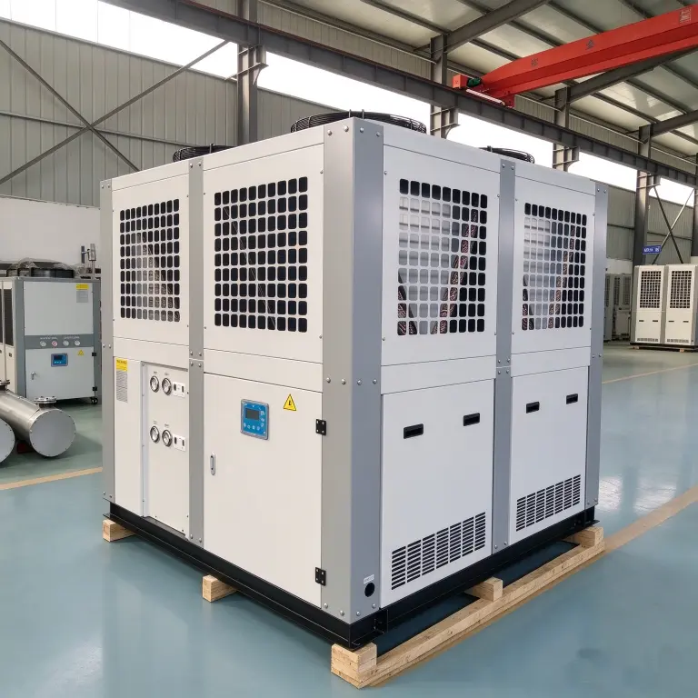 DARKE 50HP 125KW air cooled water chiller factory photo, digital controller, pressure gauges and four condenser panels