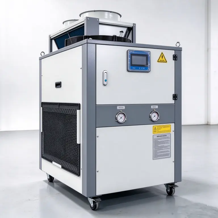 DARKE 8HP 21KW air cooled water chiller studio shot with touchscreen HMI and dual fans