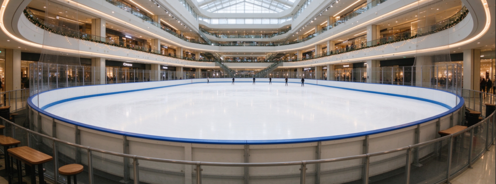 Wide-angle view of an indoor shopping mall ice rink with blue safety railing, smooth frozen surface and people ice skating